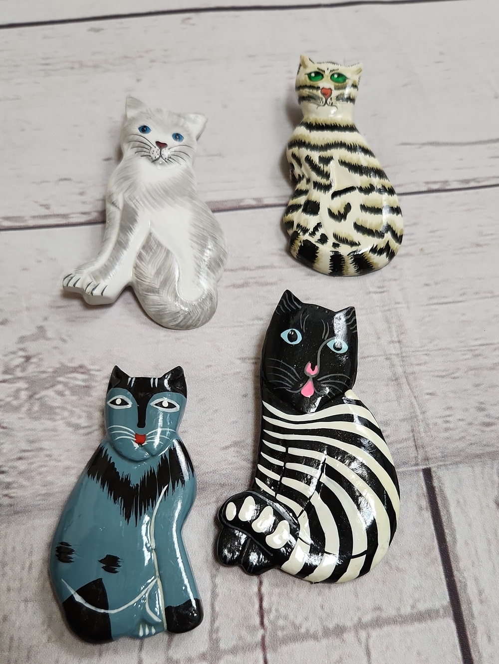 Hand-Painted Wood Cat Brooch Bundle — Assorted Black, White, Gray, Blue